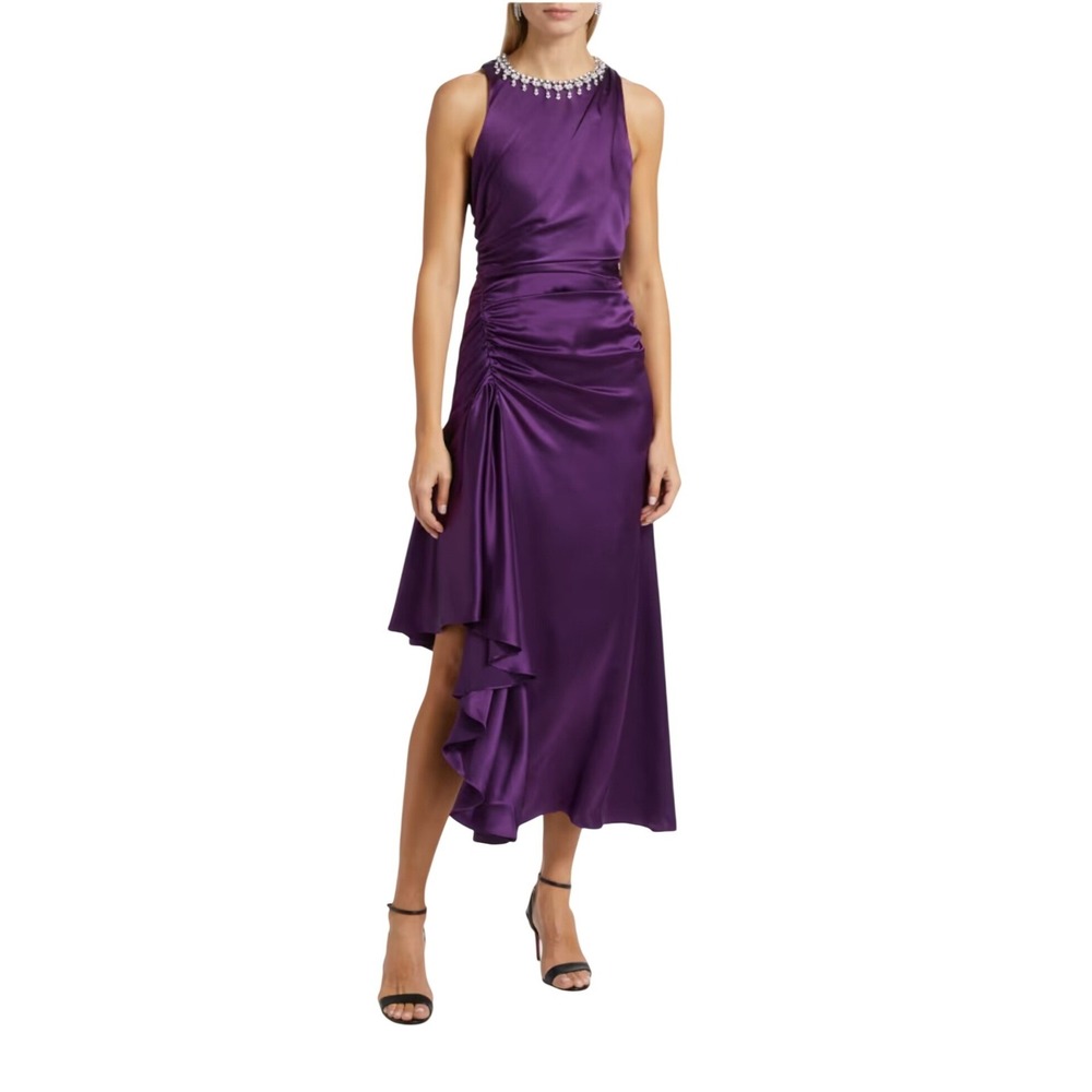 Cinq a Sept Silk Purple Dress Embellished Asymmetrical Ruffle Size 6 Royalcore